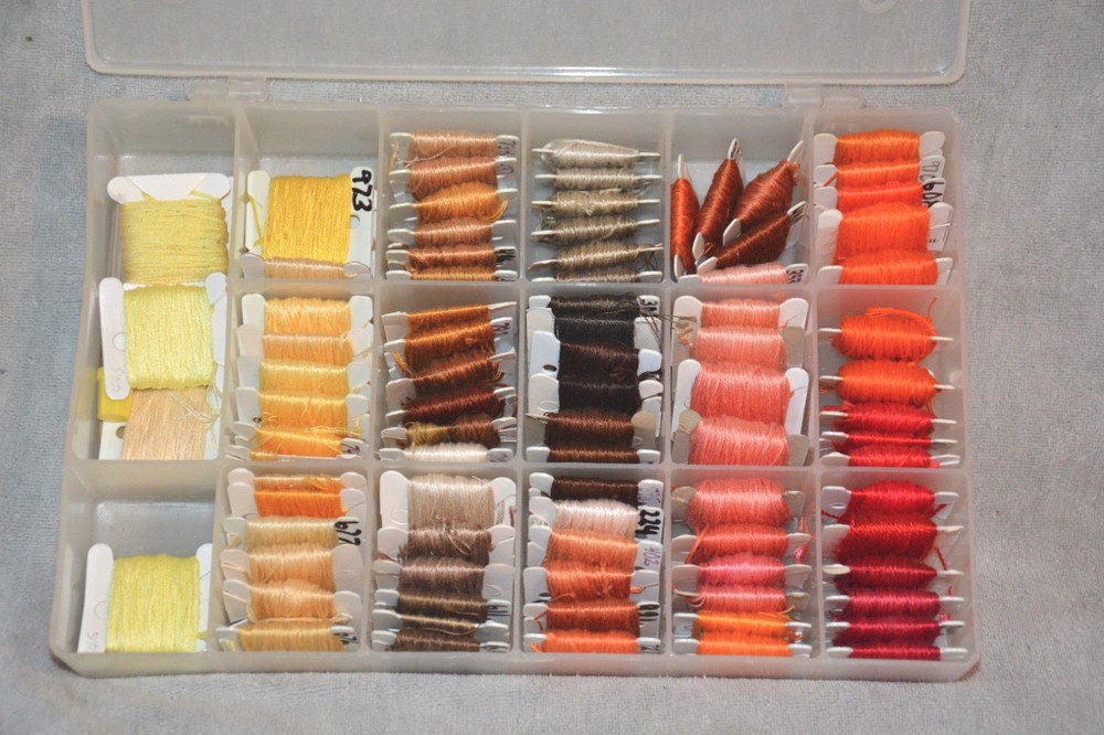 PLASTIC STORAGE BOX WITH EMBROIDERY FLOSS CROSS STITCH