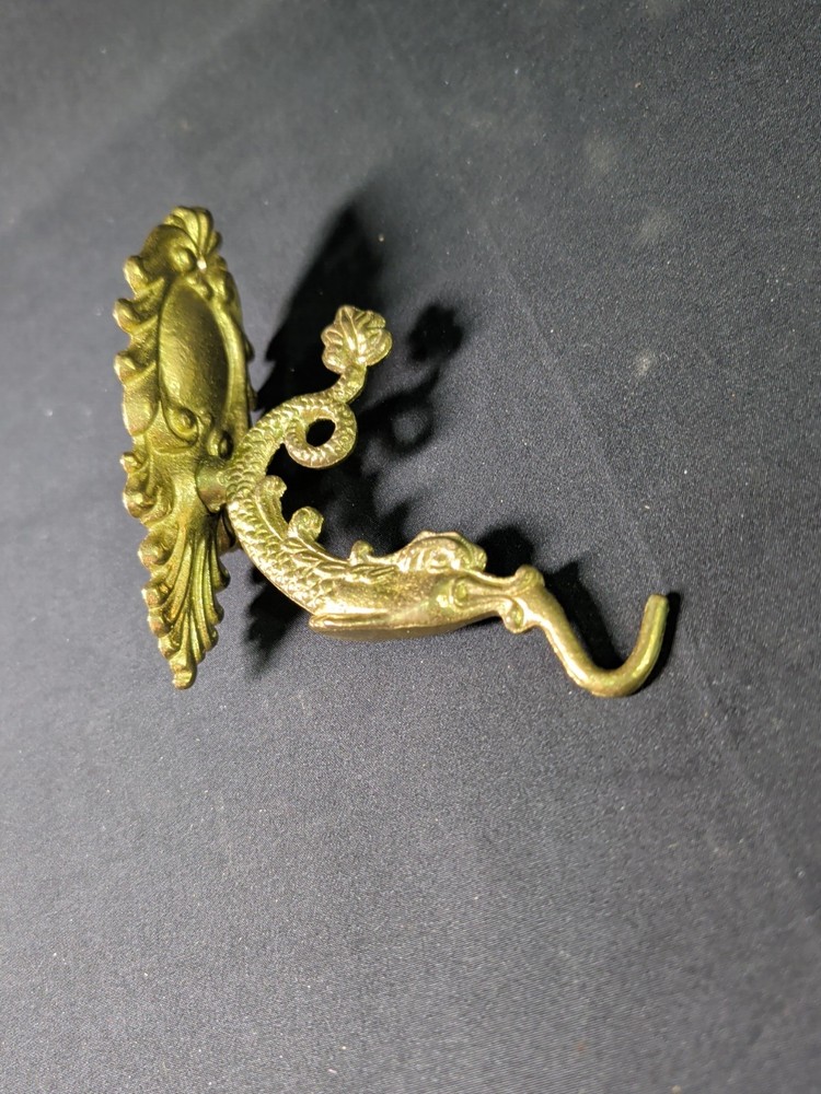 Vintage Ornate Solid Brass Planter Bracket Hook Fish Shaped Detailed Backplate