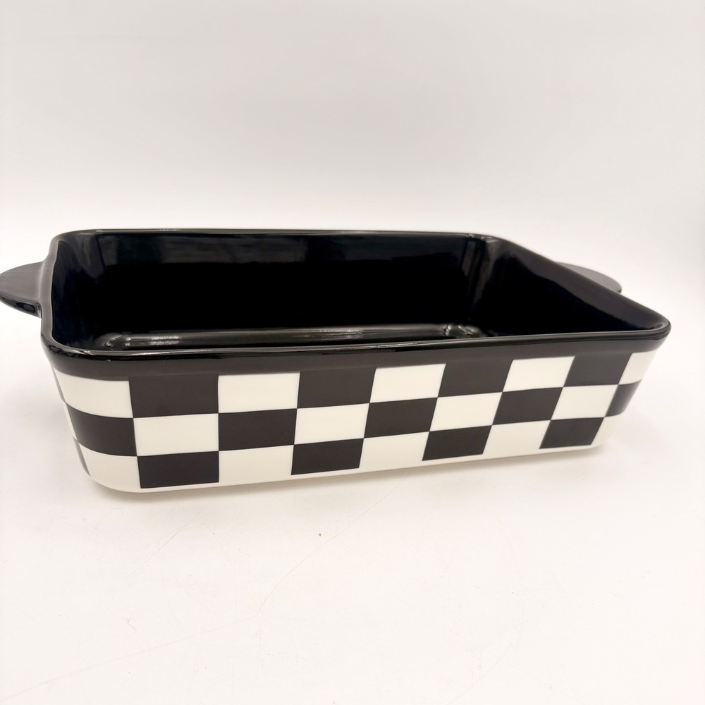 Black White Courtly Check Checkered Stoneware Rectangular Baking Casserole Dish