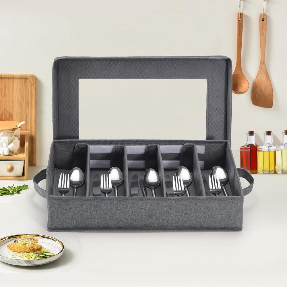 Lafulling Silverware Storage Box, Flatware Storage, 17"X10.5"X4", Grey