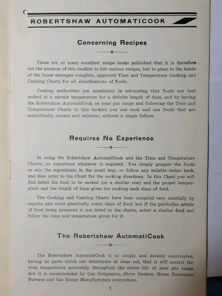 Robertshaw Oven Cookery Directions AutomatiCook