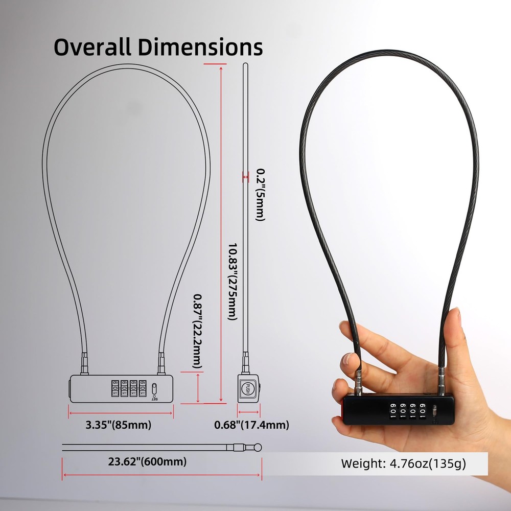 Combination Bike Lock Cable 2 ft, 4 Digit Combination Lock Outdoor, Small Com...