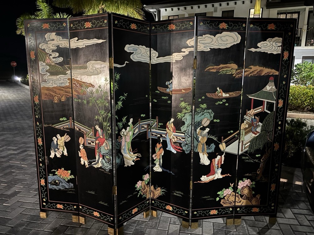 Antique Oriental 6 Panel black Lacquered Coromandel Screen Double-Sided Divider