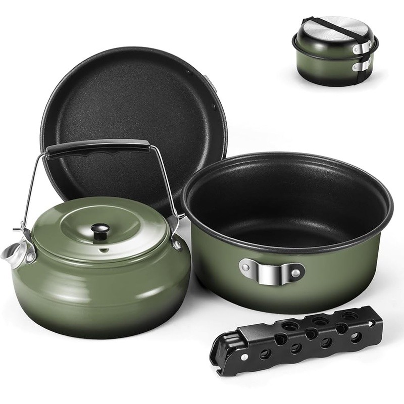 5pcs Camping Cookware Set Non-Stick Pot Pan Kettle Removable Handle Backpacking