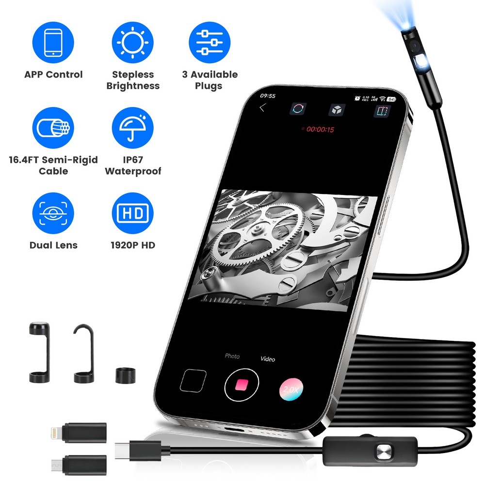 Endoscope Camera w/ Light 1920P HD Inspection Borescope Tool APP Control Camera