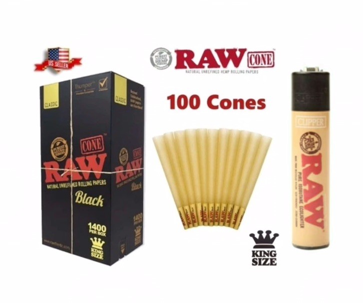 Raw Rolling Paper Black King Size Pre-Rolled Cone  AUTHENTIC + Lighter