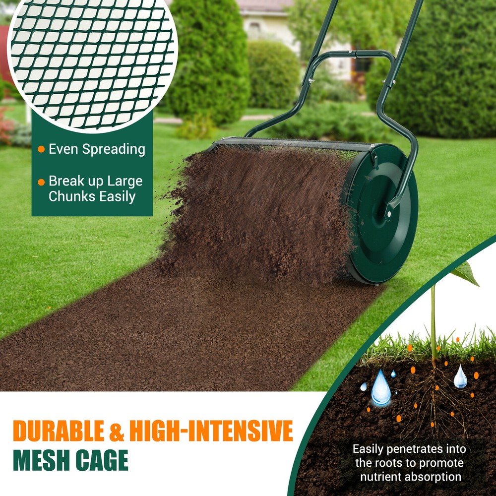 27" Compost Spreader Peat Moss Spreader Heavy Duty Garden Metal Mesh Roller