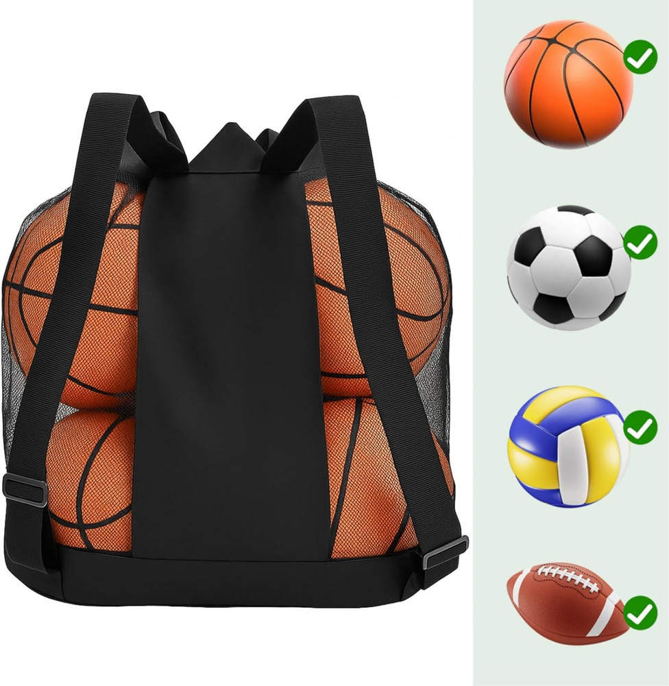Large Ball Bag, Mesh Sport Bag with Adjustable Double Strap, Drawstring, Heavy-D