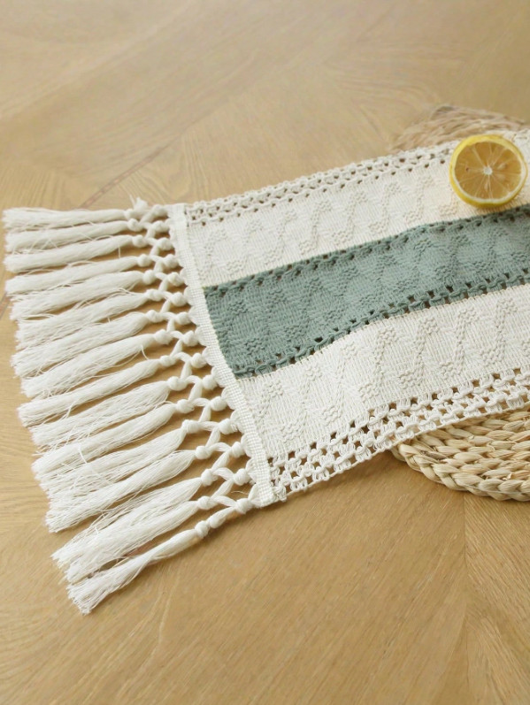 Boho Macrame Table Runner with Tassels Cream Brown Farmhouse Rustic Wedding