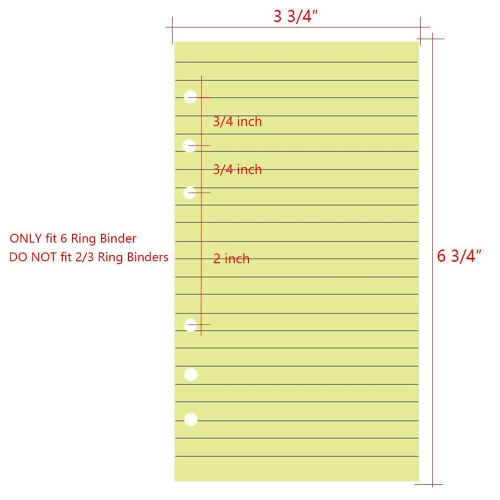 50 Sheets/100 Pages Colored Lined Paper Refill for A6 6-Ring Binder Notebook