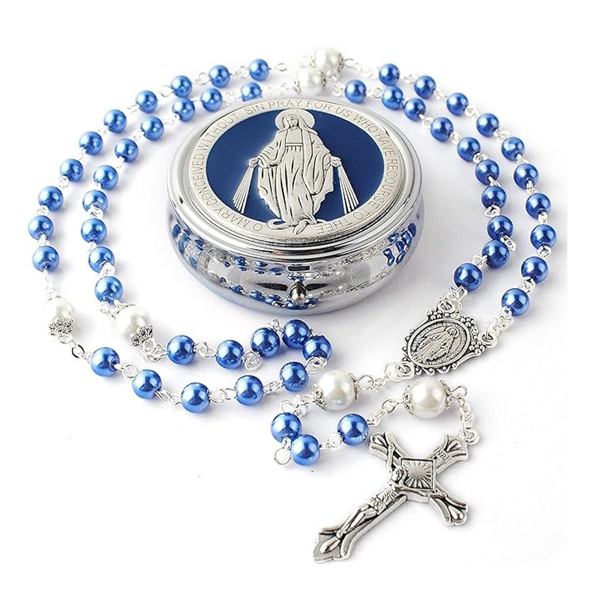 CT Rosary with 6mm Glass Pearl & 8mm Our Father Beads, Miraculous Metal Gift Box