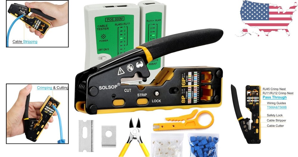 Complete RJ45 Crimping Kit - Includes Cable Tester, Connectors & Ergonomic Tool