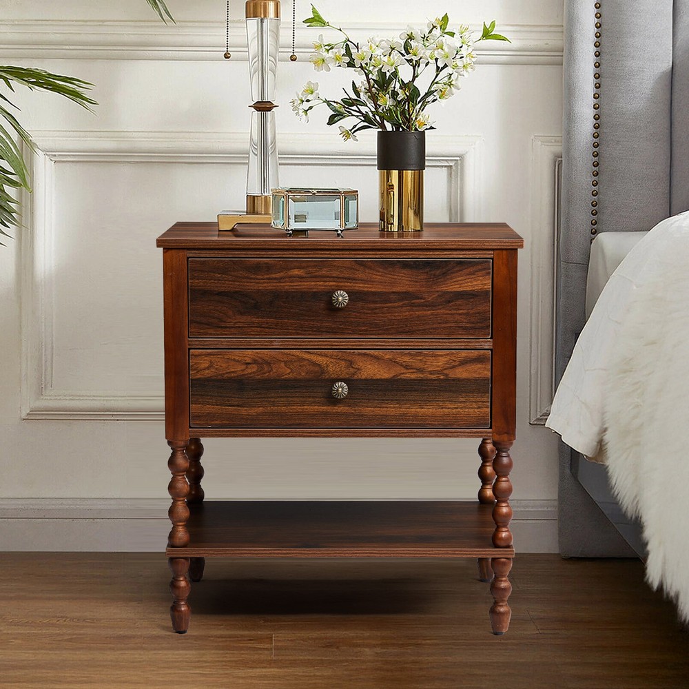 P2 Particleboard with 3D Paper +Solid Wood Legs with Lower Divider Bedside Table