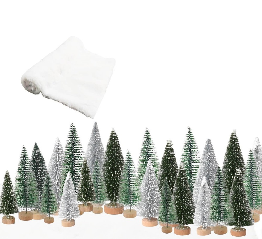 Christmas Decor Bottle Brush Trees Set- 24PCS Assorted White & Green
