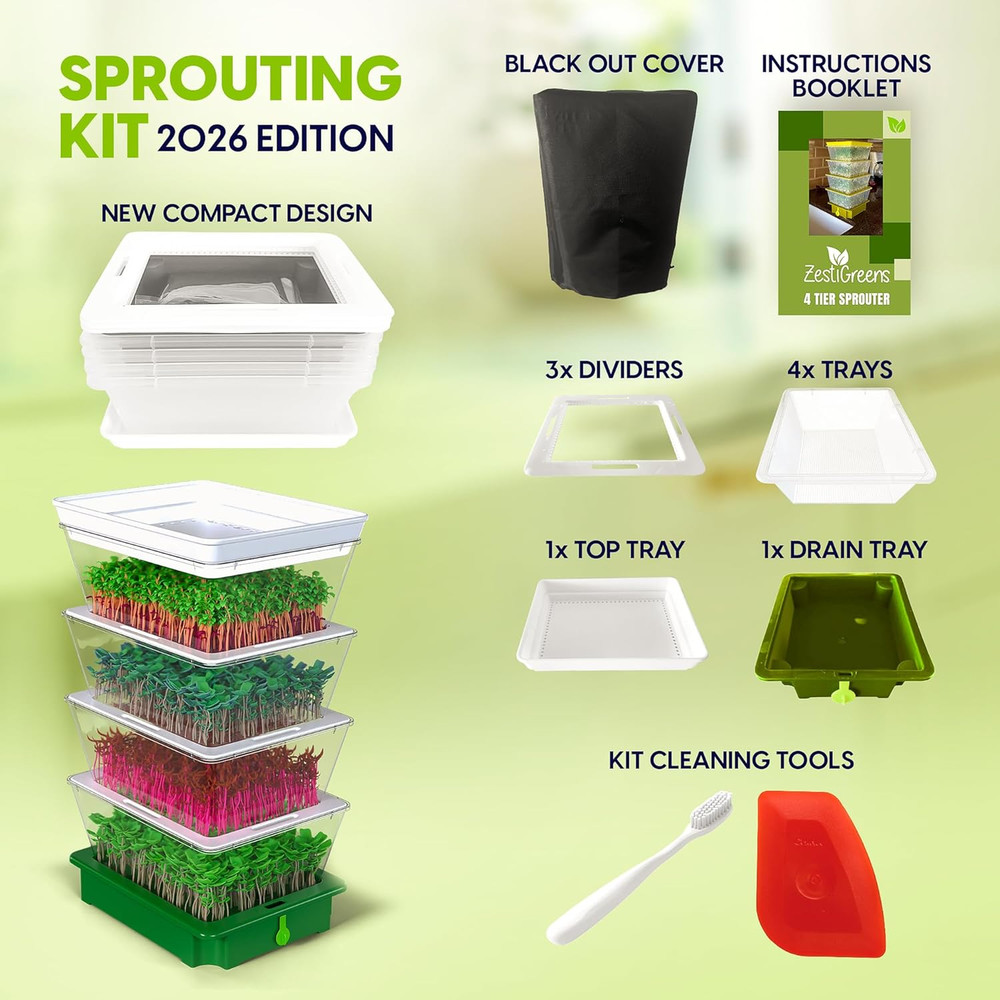 Seed Sprouter 4 Tier Stackable Soil Free Sprouting System with Drain Spout