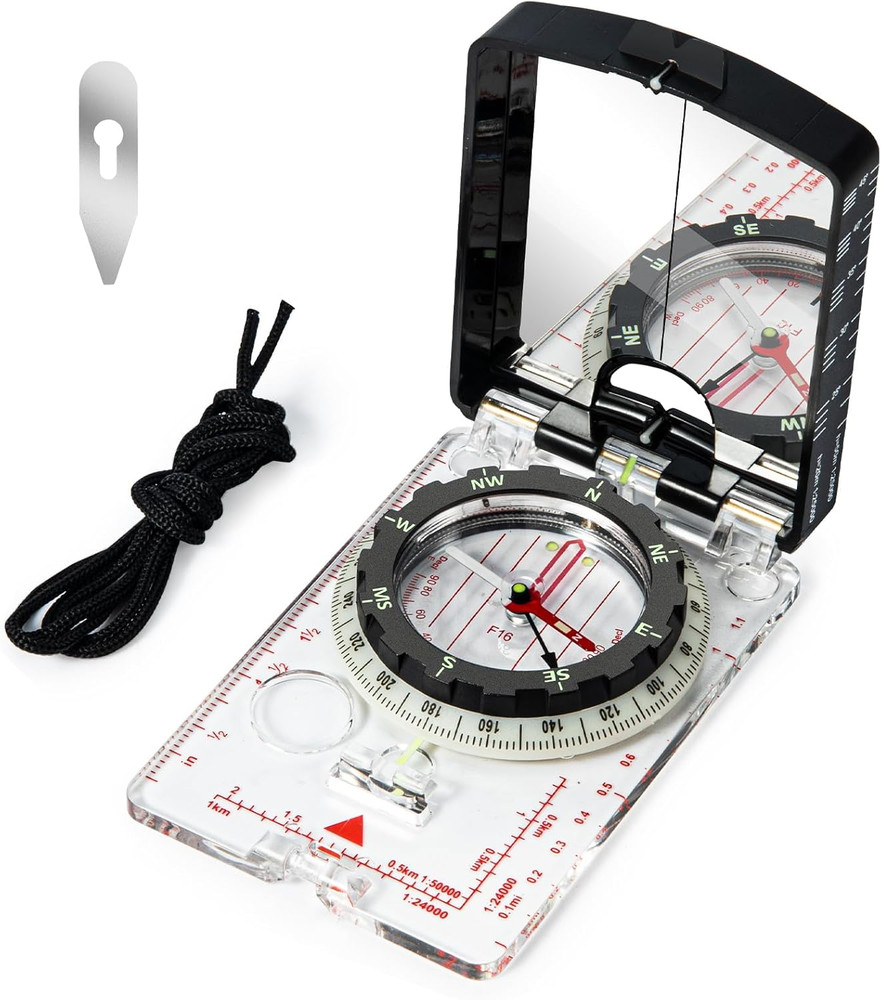 Orienteering Compass with Sighting Mirror - Adjustable Declination for Hiking &