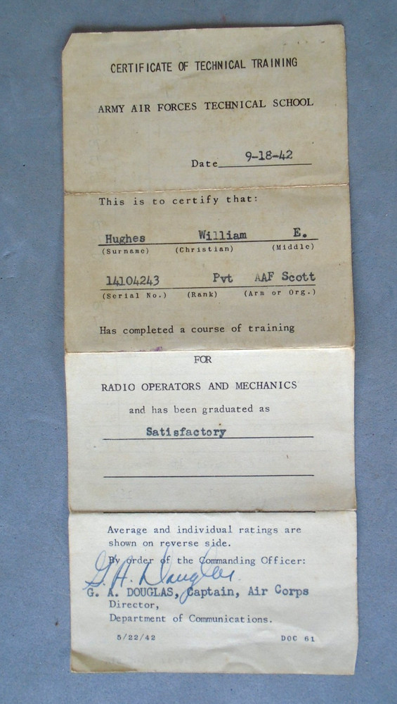 Army Air Forces Technical School, Certificate of training