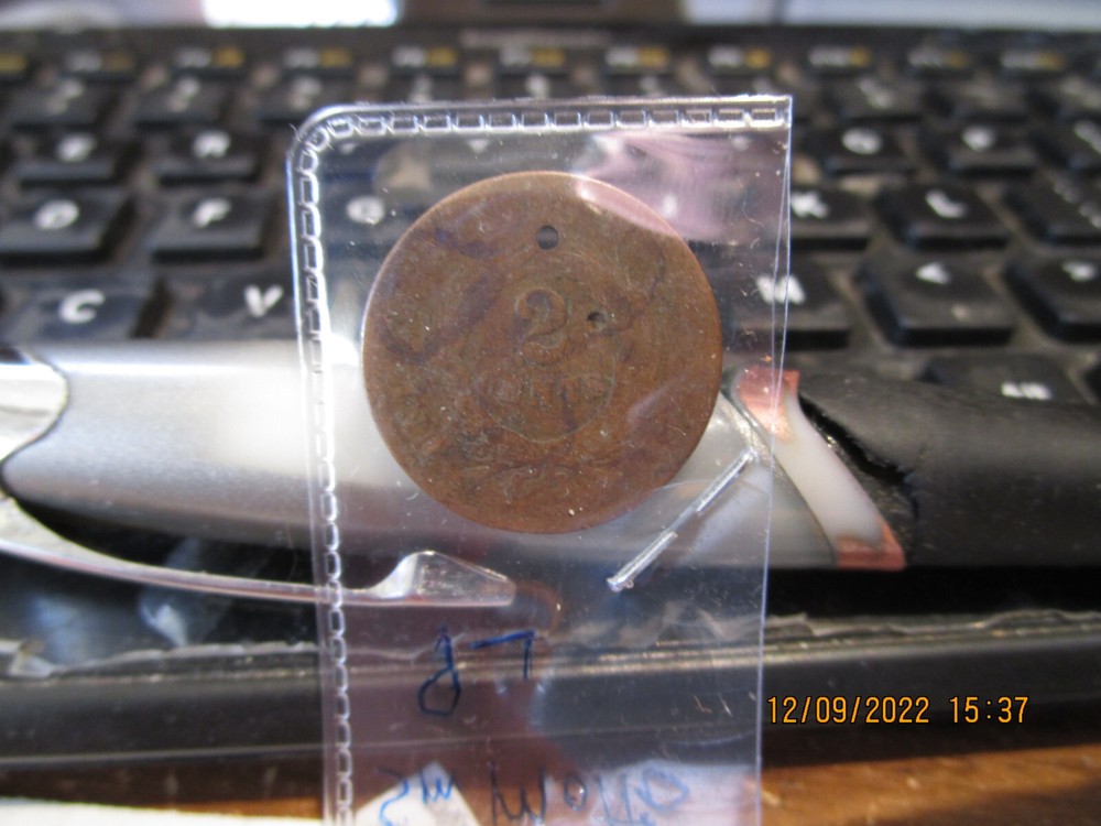 1864 2 Cent Piece Small Motto AG has a hole