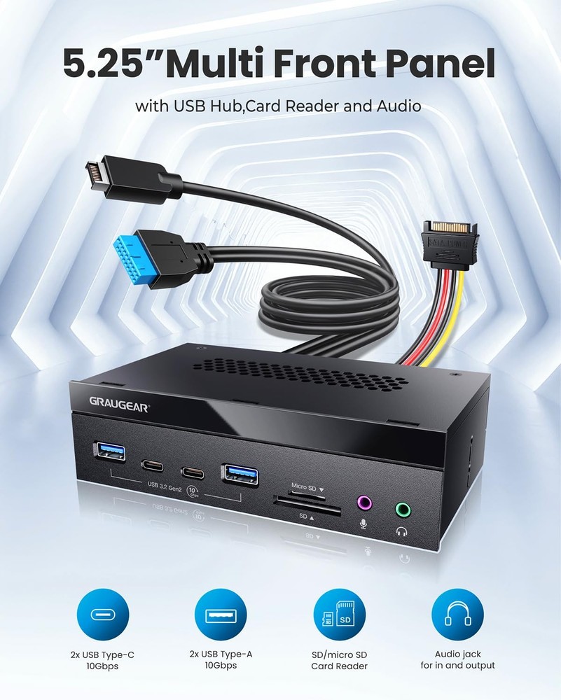 GRAUGEAR 5.25" PC Front Panel USB Hub - 10Gbps USB-C Ports, Dual USB 3.0,