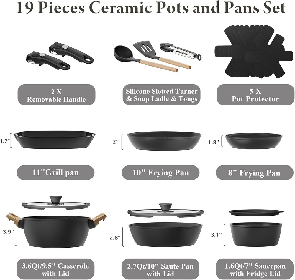 19 Pcs Pots and Pans Set Non Stick Ceramic Cookware Set with Removable Handles,
