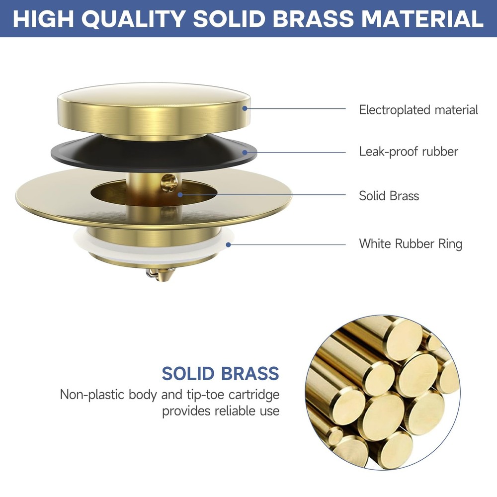 Brushed Gold Upgraded Tip Toe Tub Stopper, Universal Pop Up