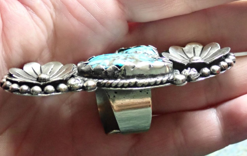 Turquoise and Flowers in Tibetan Silver Ring adjustable