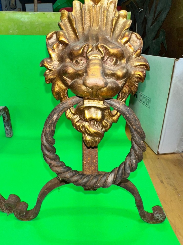 Very Nice Iron & Bronze Lion Andirons