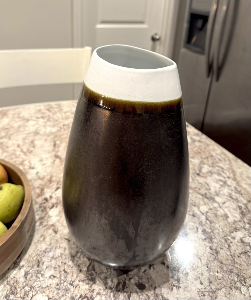 Two-Toned Ceramic Vase 12” Dark Iridescent & White Decorative Accent