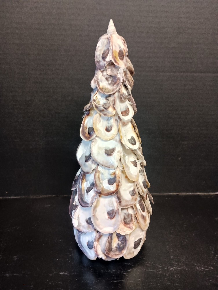 Handmade Tabletop 14" White Oyster Shell Christmas Tree Cone Shaped Coastal
