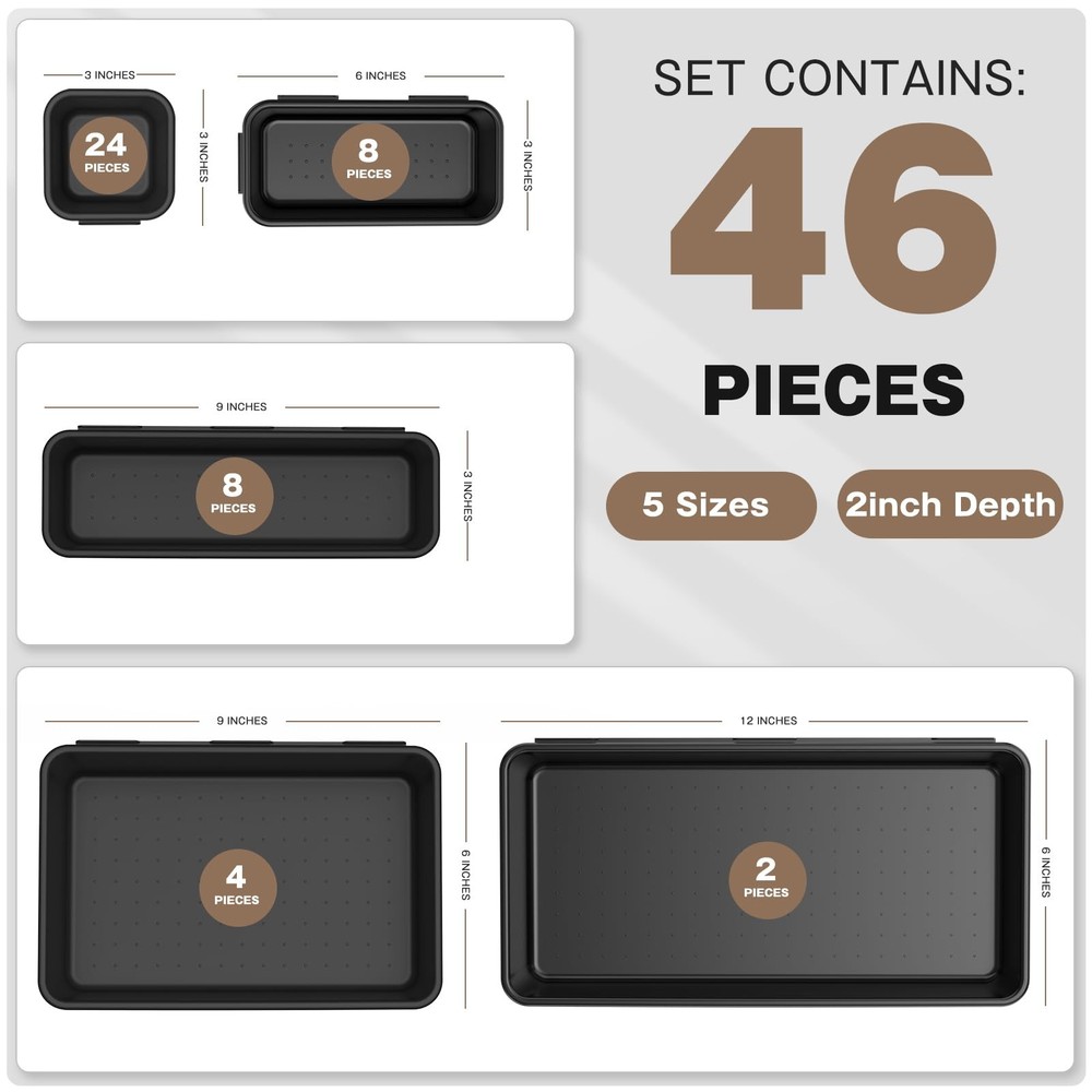 【𝟰𝟲𝗣𝗖𝗦 & 5 Size】Tool Box Organizer Tray Divider Set, 【Black】 Desk Drawer