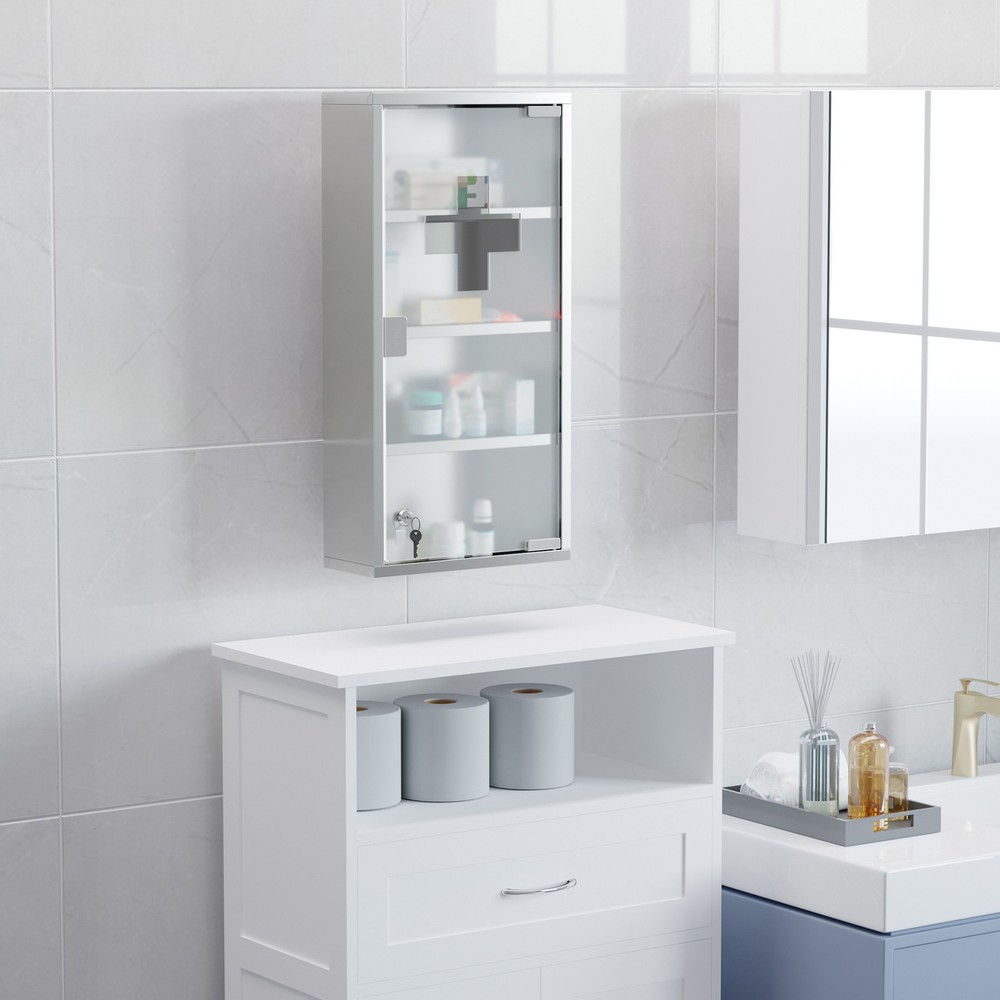Wall Medicine Cabinet with Lock, Lockable Wall Cabinet, Silver