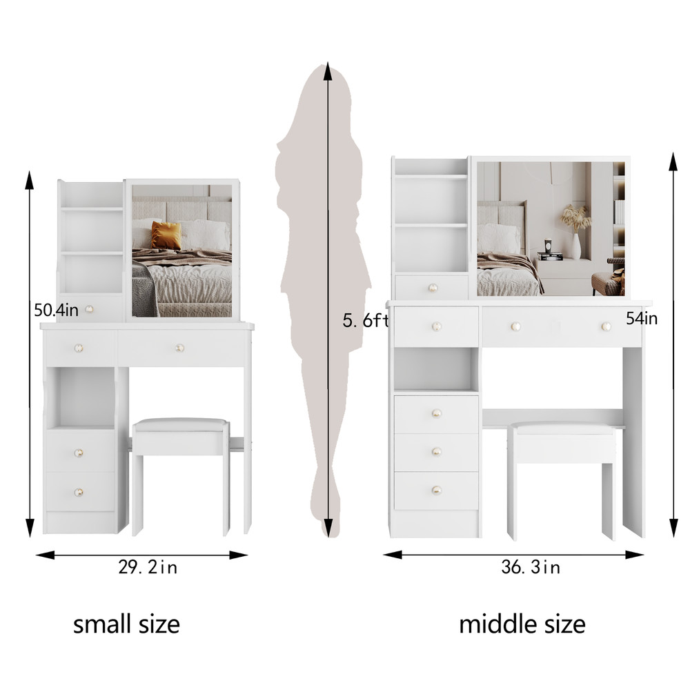 29.2" Small Space Left Drawer Desktop Vanity Table + Cushioned Stool, Extra La