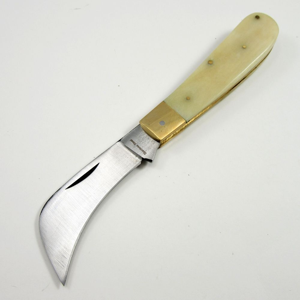 FOLDING POCKET KNIFE | 4" Rite Edge Hawkbill Blade White Bone + Brass Handle