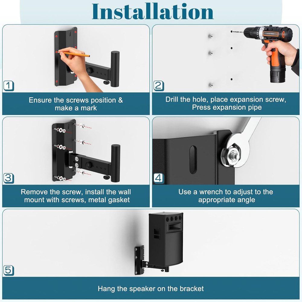 Heavy Duty Adjustable PA Speaker Mount Bracket - 110Lbs Capacity, 2 Pack