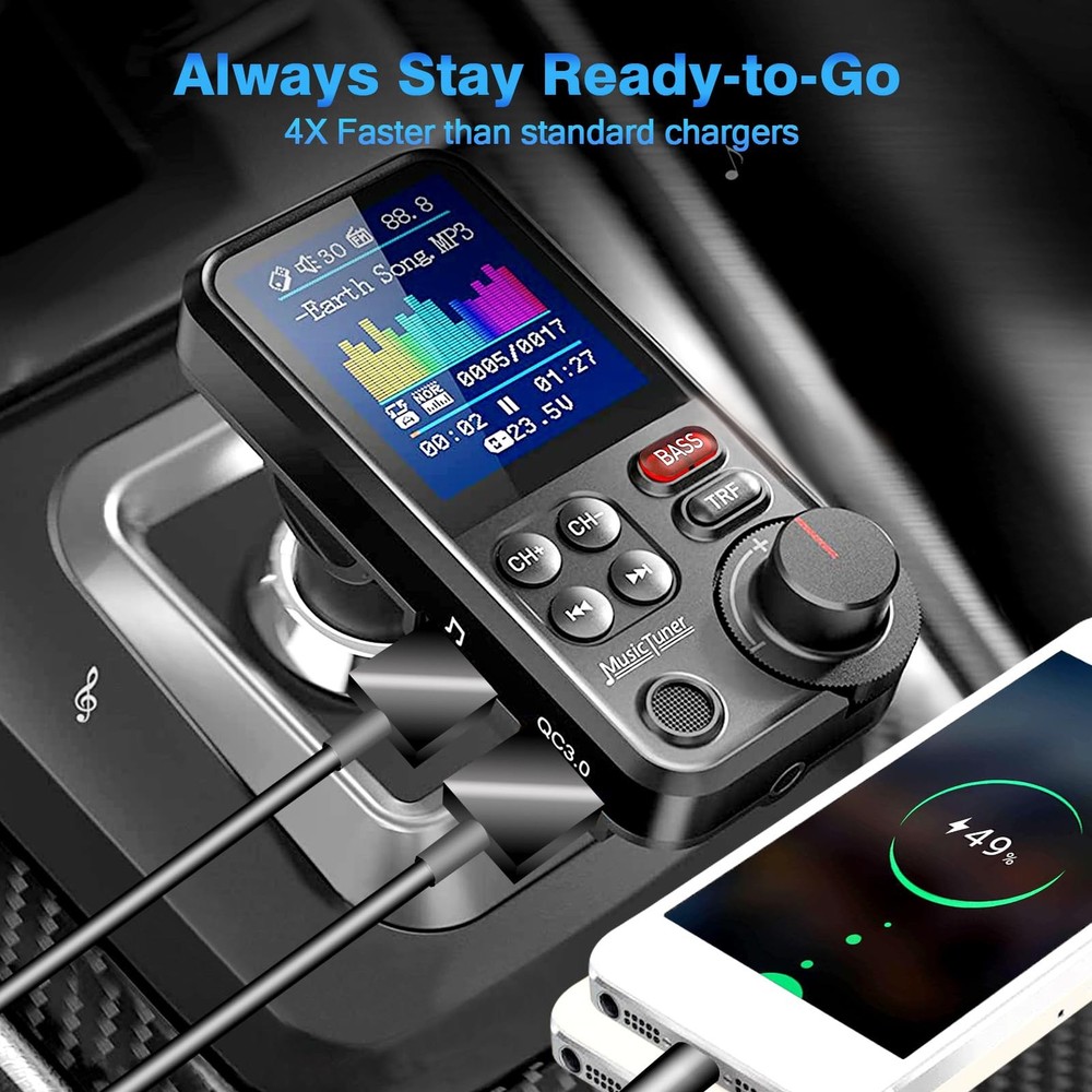 Bluetooth FM Transmitter - Car Adapter Hands Free 1.8 Screen, Microphone, QC3.0