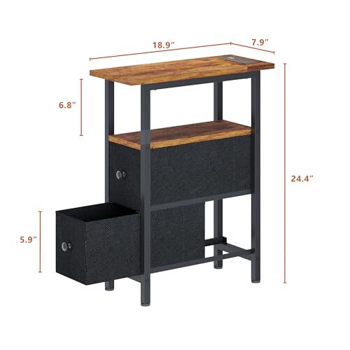 End Table with Charging Station, Narrow Side Table with 2 Fabric Drawers,