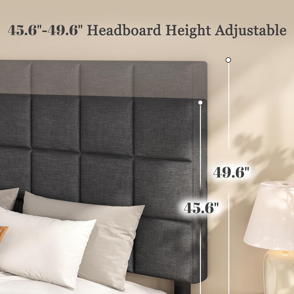 Full Platform Bed Frame with Linen Upholstered Adjustable Tall Headboard, No Box