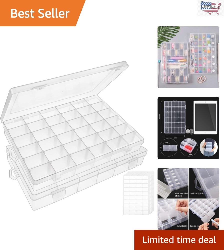 2 Pack Adjustable 36-Compartment Clear Plastic Bead Organizer Box with Stickers
