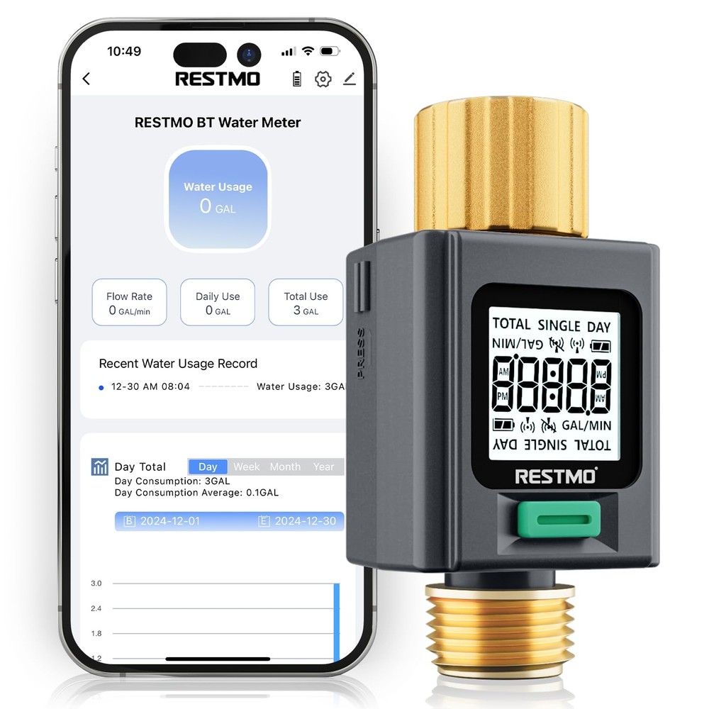 RESTMO Smart Water Flow Meter with Screen Backlight, Brass Inlet & Outlet, Me...