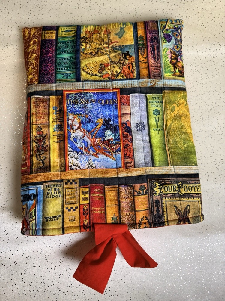 Quilted Fabric book cover with bow closure, With Handmade Matching Bookmark