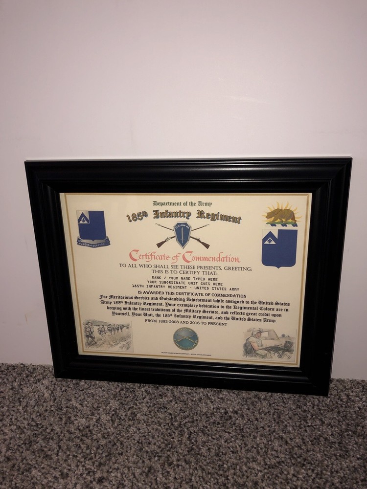 185TH INFANTRY REGIMENT / COMMEMORATIVE - CERTIFICATE OF COMMENDATION