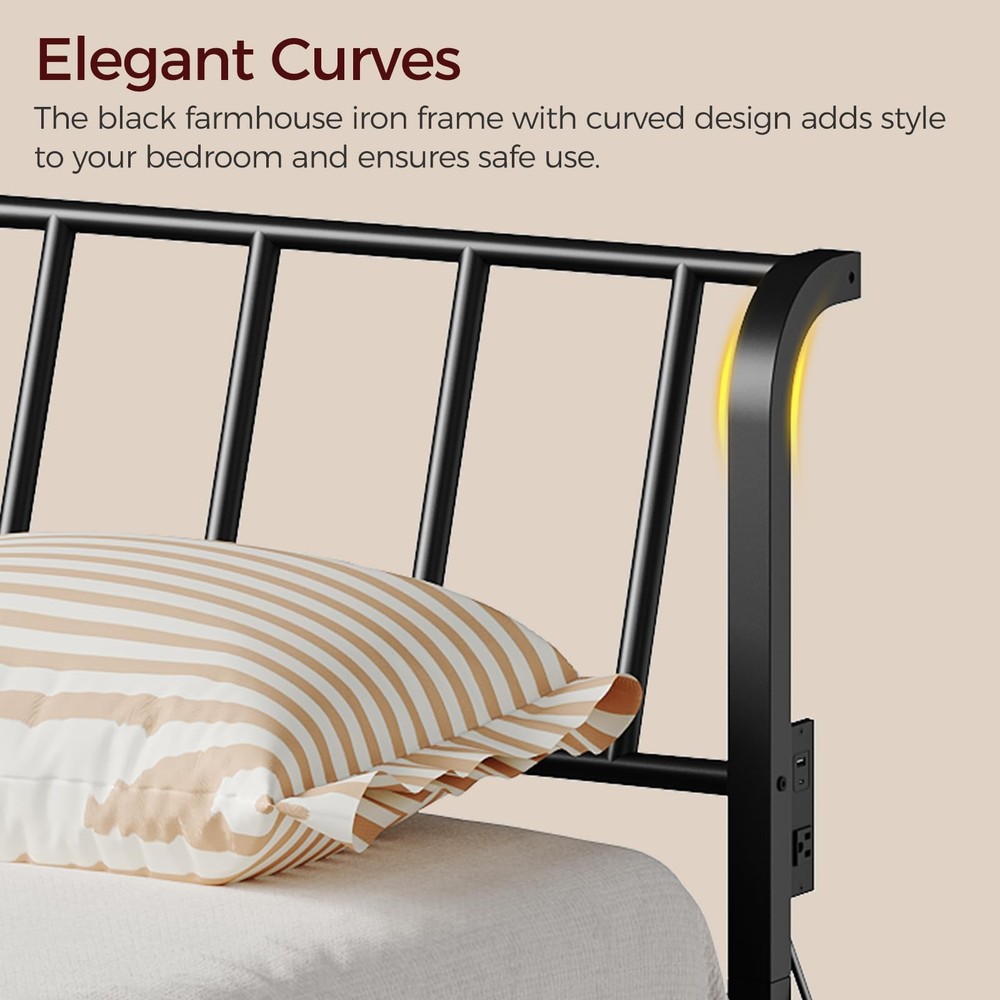 Queen Size Metal Headboard with Power Strips and Adjustable Angle