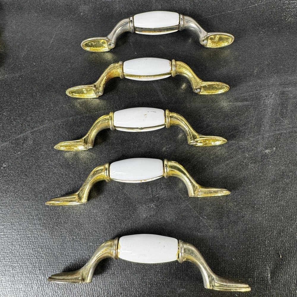 Vtg Salvaged Hardware 5pc Drawer Cabinet Pulls Brass & Ceramic 5” Art Deco