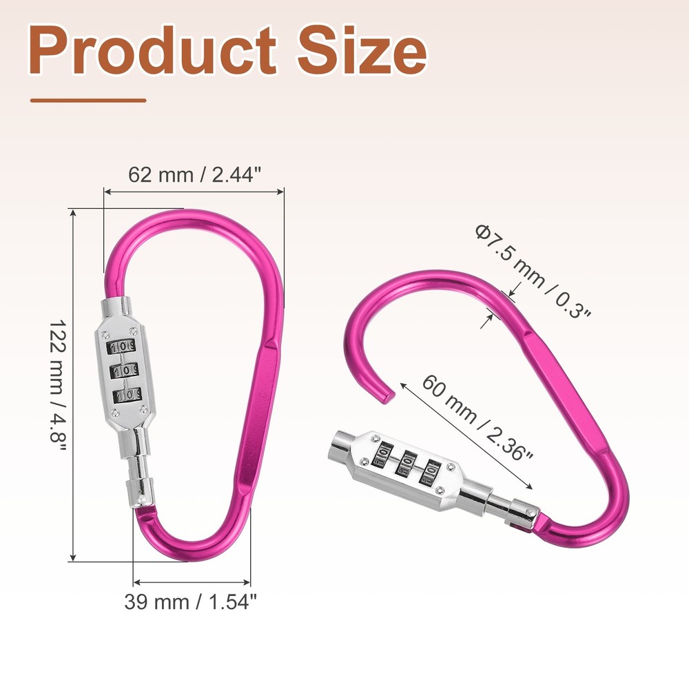 4.8" x 2.4" D-Shaped 3-Digit Code Combination Lock D-Ring Clip Locking, Pink