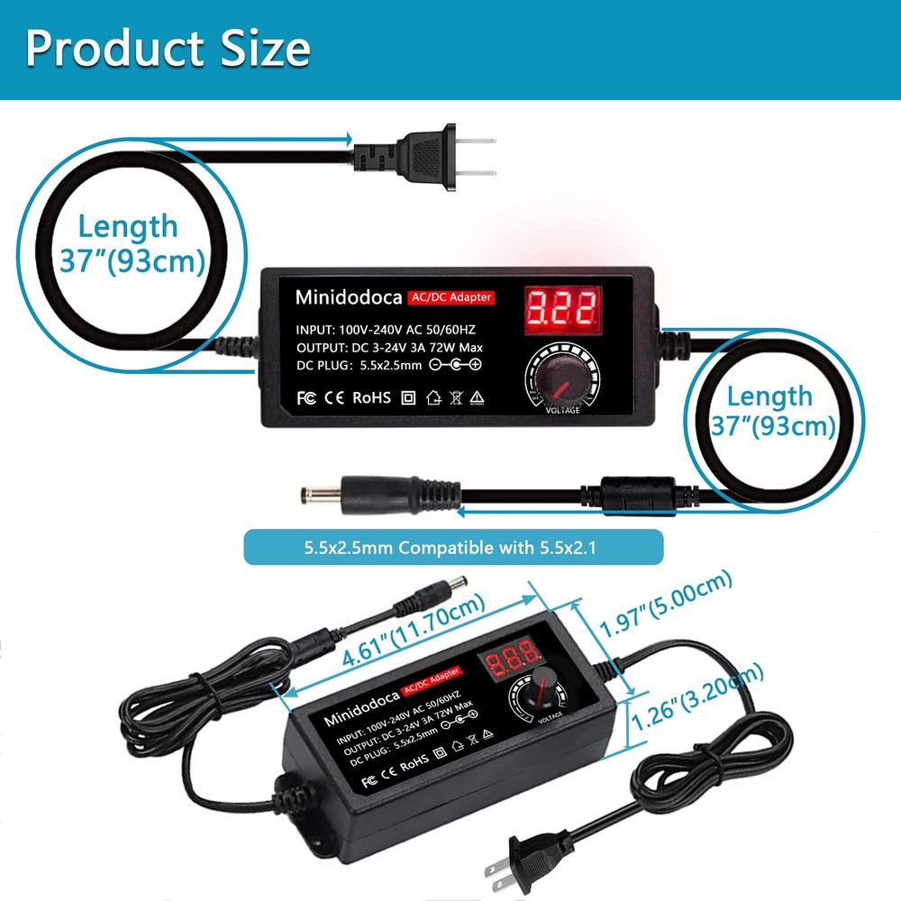 72W Power Supply Adjustable 3V ~ 24V Variable 3~24V 3A Adapter