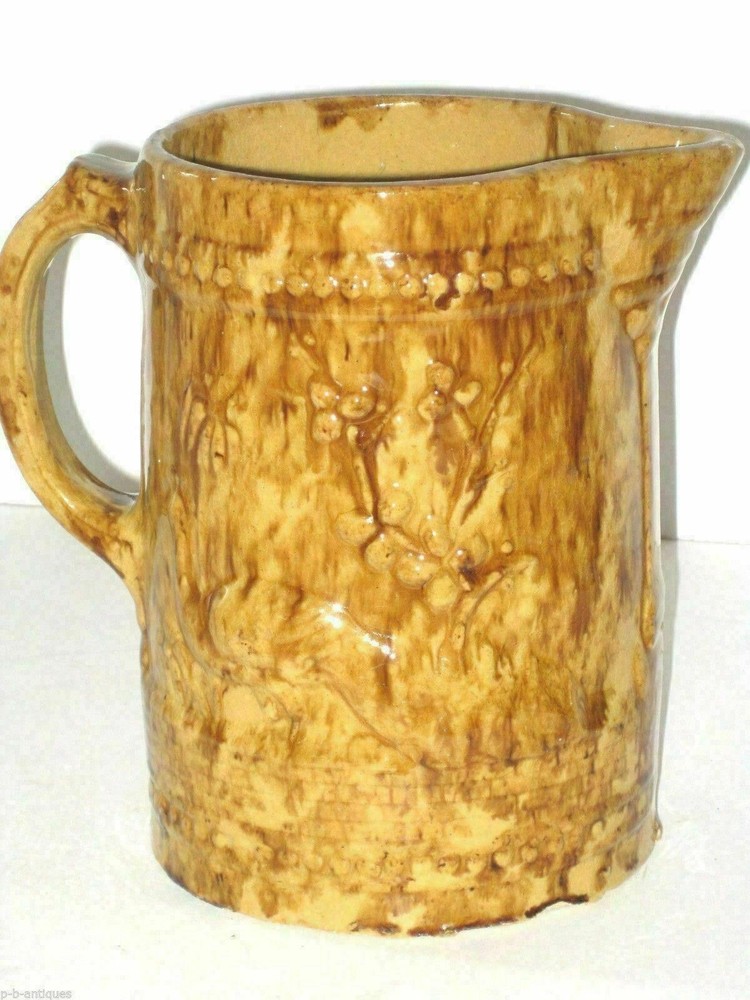 Antique Spongeware Yellow Ware Rockingham Peacock Pitcher