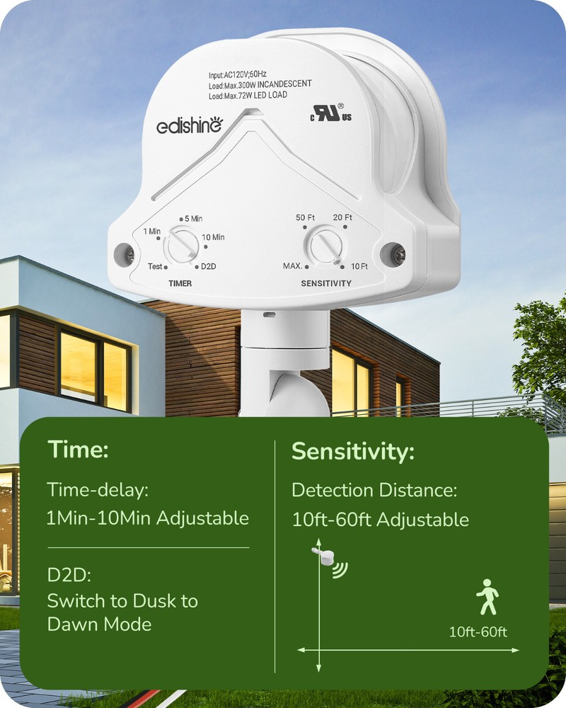 EDISHINE Motion Sensor, Automatic Dusk to Dawn, 240 Degree Replacement White