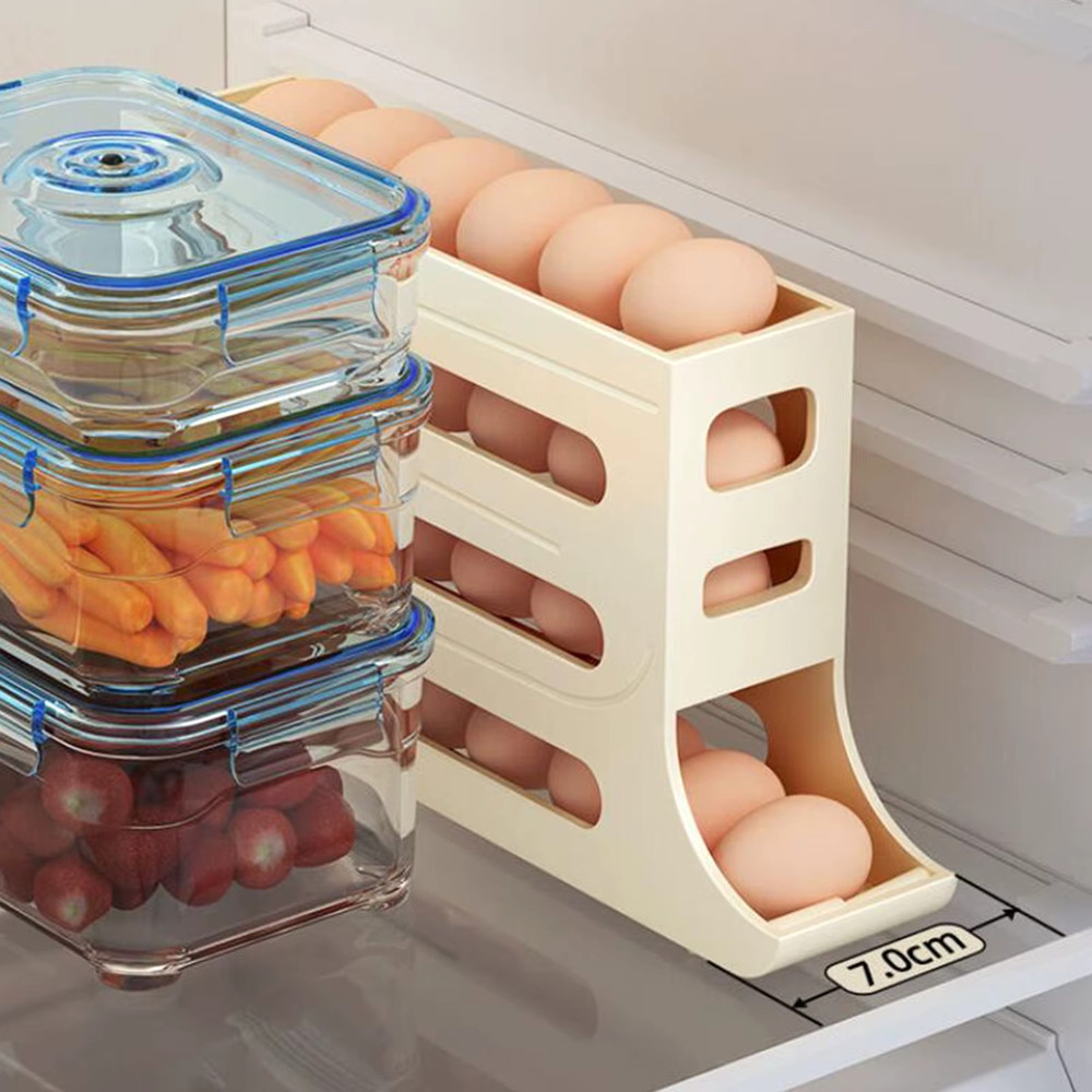 Auto Rolling Egg Holder Storage Rack 4-Tier Roll down Refrigerator Egg Dispenser