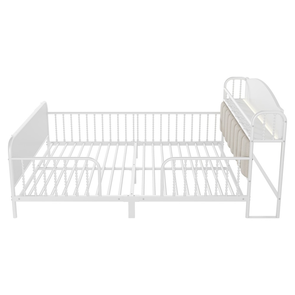 Metal Full Size Bed Frame W/Upholstered Storage Bookcase Headboard Slatted White