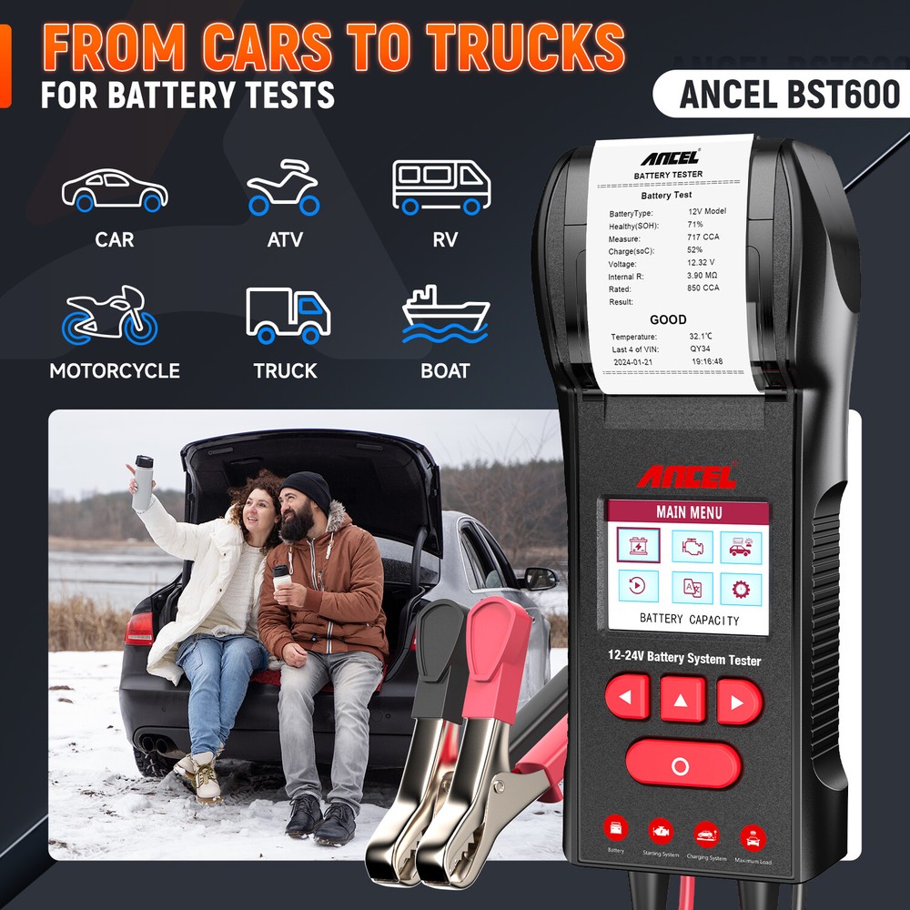 Car Battery Tester Load with Printer 2V/24V 100-2000 CCA Analyzer ANCEL BST600